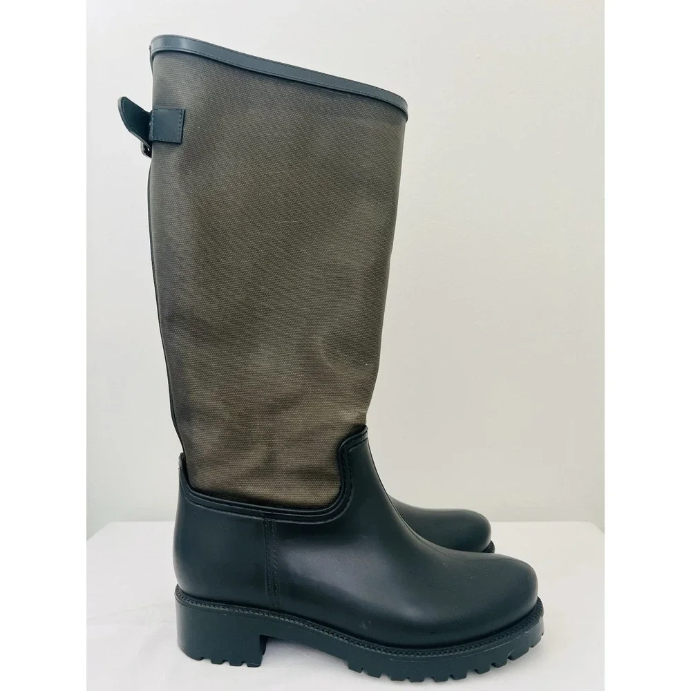 ALDO Tall Rain Snow Dark Green Zip Up Rounded Toe Rubber Canvas Boots Waterproof